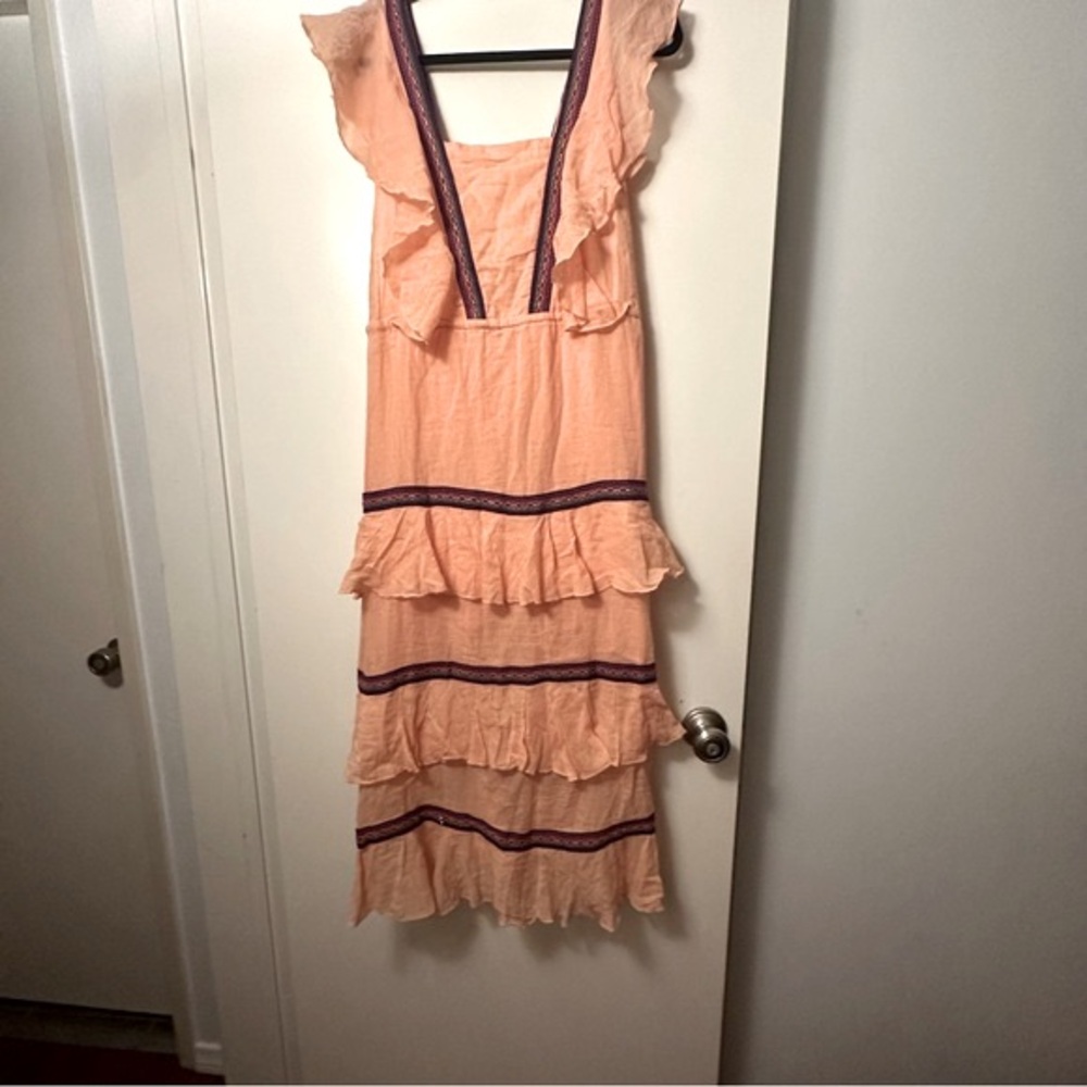 Pitusa Orange Tiered Ruffle Southwestern Aztec Detail Soft‎ Cotton Midi Dress S